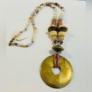 Tribal Bohemian Natural Stone, Handpainted Beads & Brass Beaded Necklace
